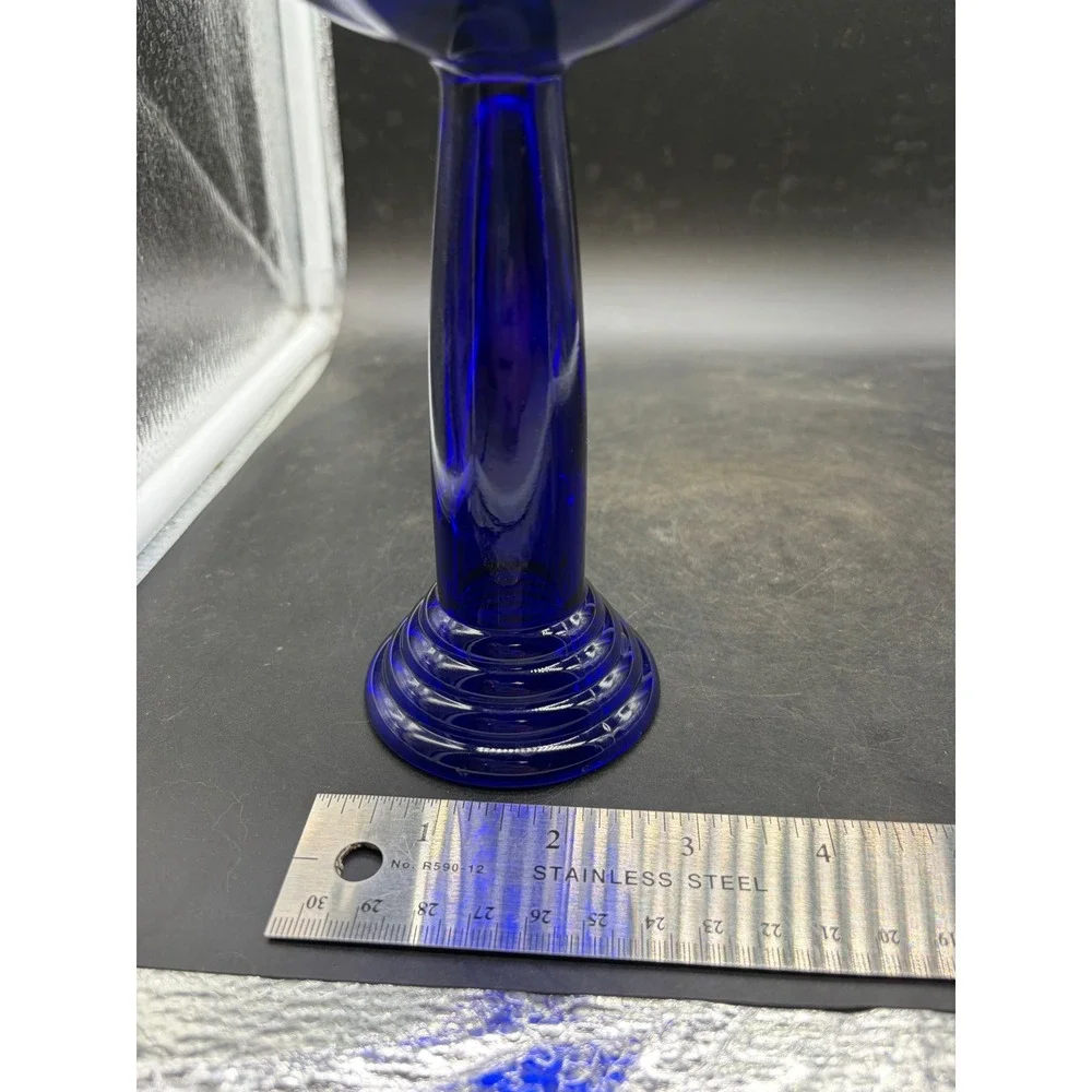 Vintage Cobalt Blue Glass Candlestick Holder Ribbed Base Pillar Stand 6.75in